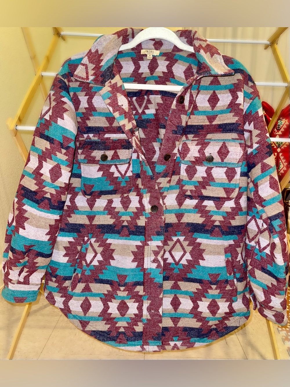 Women’s Aztec Button-Up in Teal & Burgundy